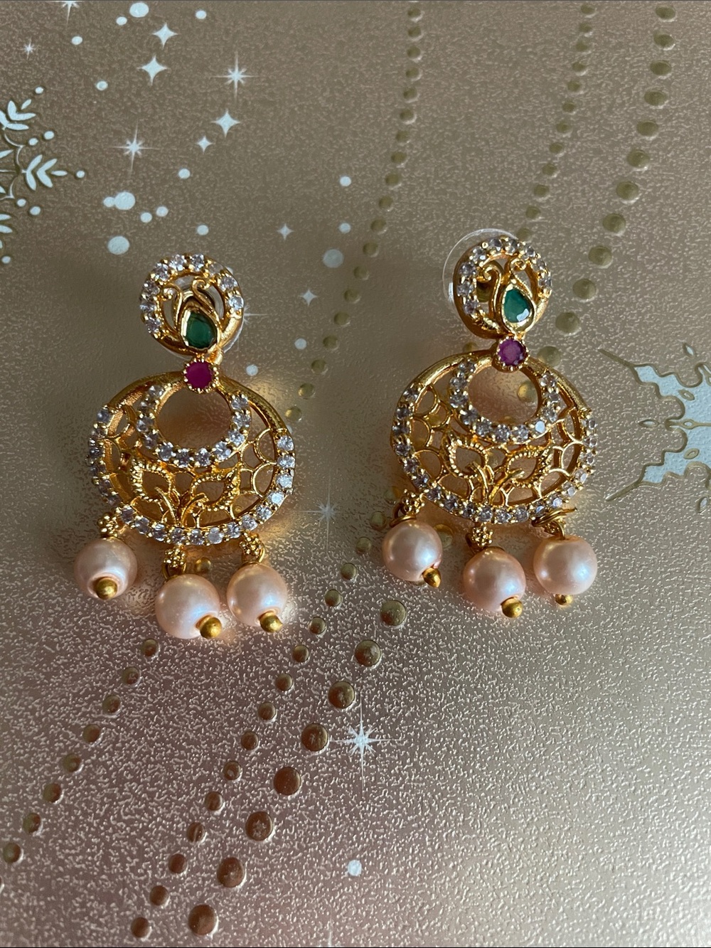 Gold Filigree Pearl Drop Earrings with Green & Pink Accents